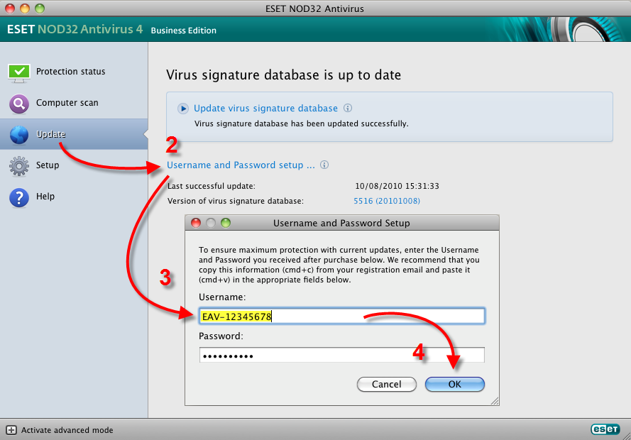eset nod4 컴퓨터 바이러스 사용자 이름 및 암호
