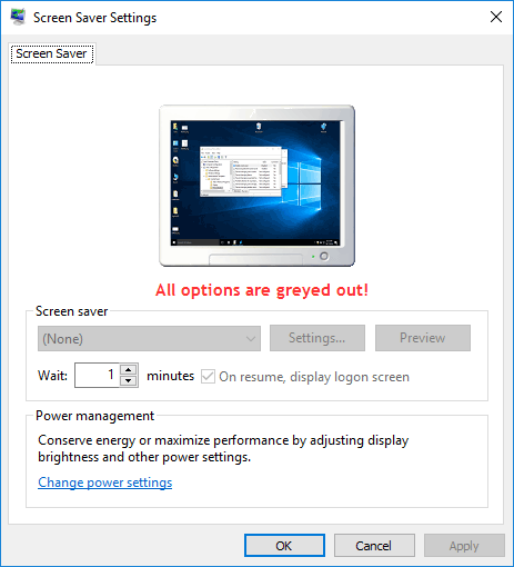 Ustawienia wygaszacza ekranu są wyszarzone z powrotem w systemie Windows 7