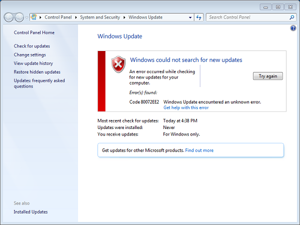 Service Pack 2 dla systemu Windows Vista nie powiódł się podczas aktualizacji systemu Windows