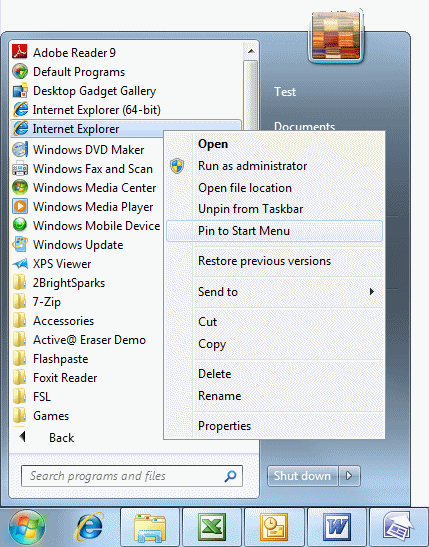 windows 7은 시작 메뉴와 관련된 모든 프로그램 표시