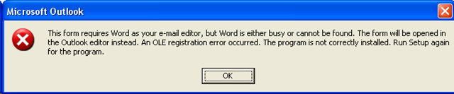an ole registration error occurred outlook 2007