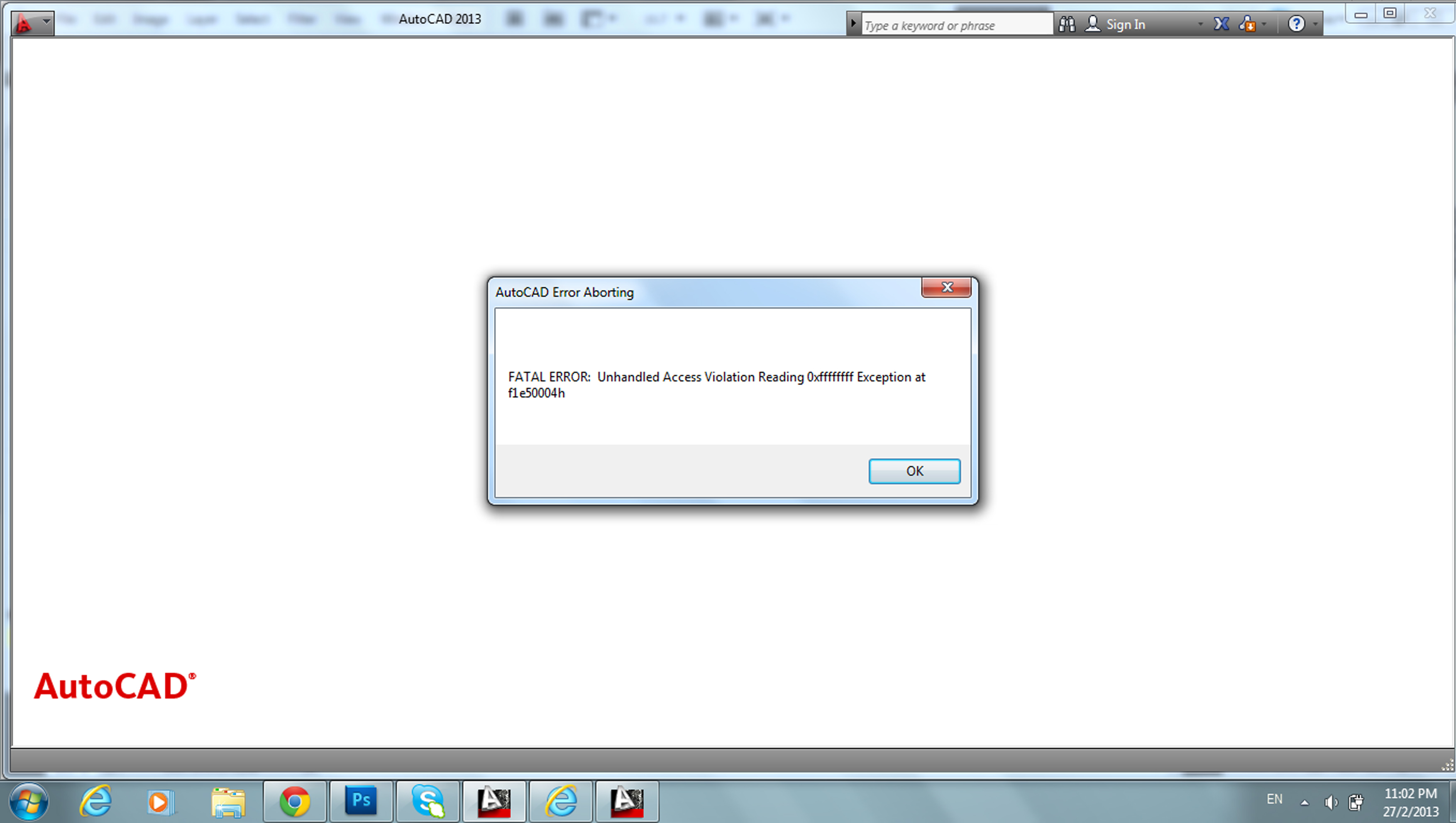 autocad the year 2013 fatal error unhandled access ticket reading 0x0000 exception