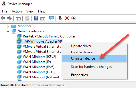 cannot uninstall network adapter device manager