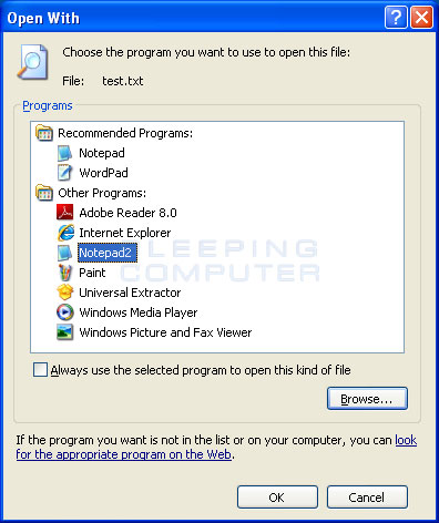 modifier les associations de fichiers sur Windows XP