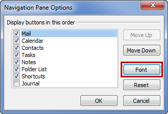 cambiar el tamaño de fuente en Outlook, el panel de navegación de la temporada 2010