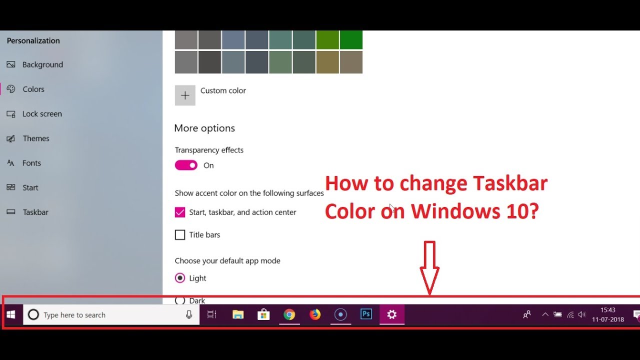 изменить цвет панели задач Windows