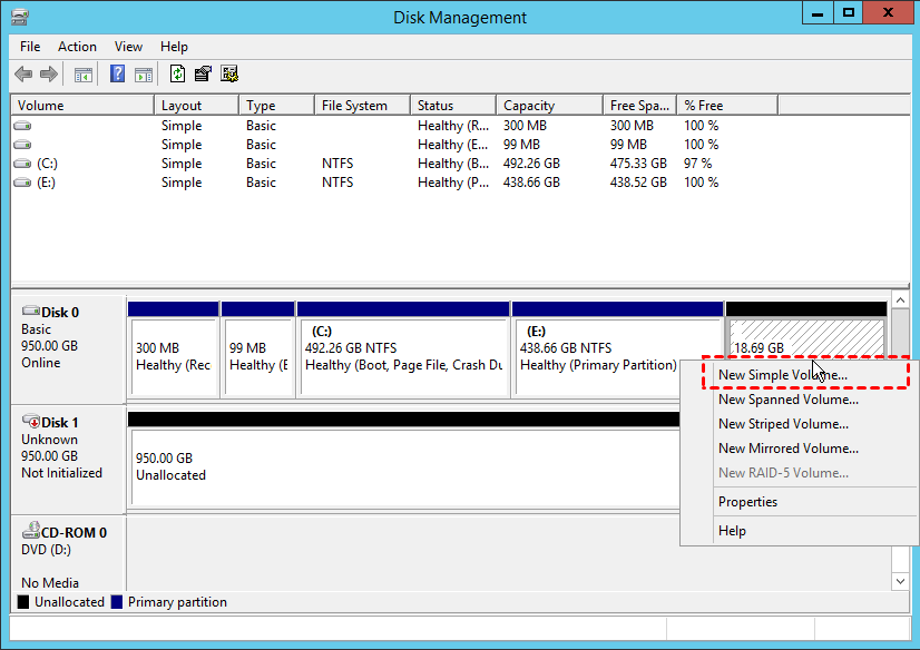 een geheel nieuwe partitie maken in Windows Server 2008
