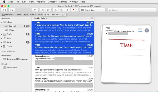 удалить несколько писем в Outlook на Mac