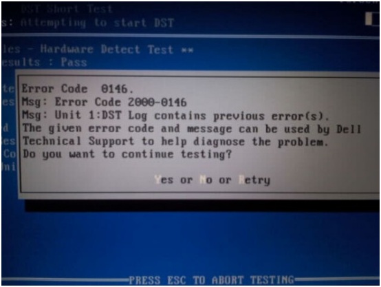 Komunikat o błędzie firmy Dell, który otrzymujesz kod 0146