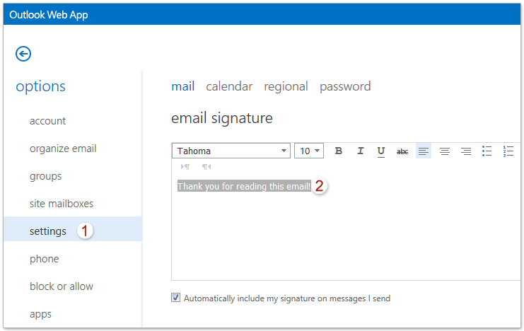 signature de courrier électronique dans l'accès en ligne Outlook