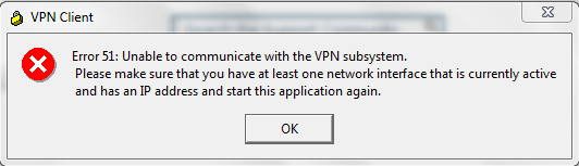 오류 51 VPN 하위 시스템 창과 소셜화할 수 없습니다.