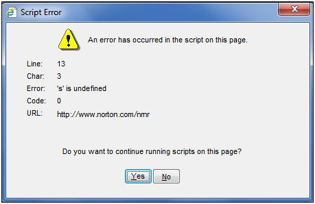 erro erro de script do Internet Explorer ao iniciar o Norton