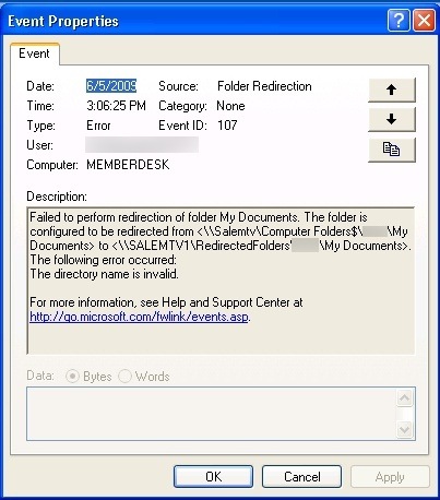 event id 107 folder redirection
