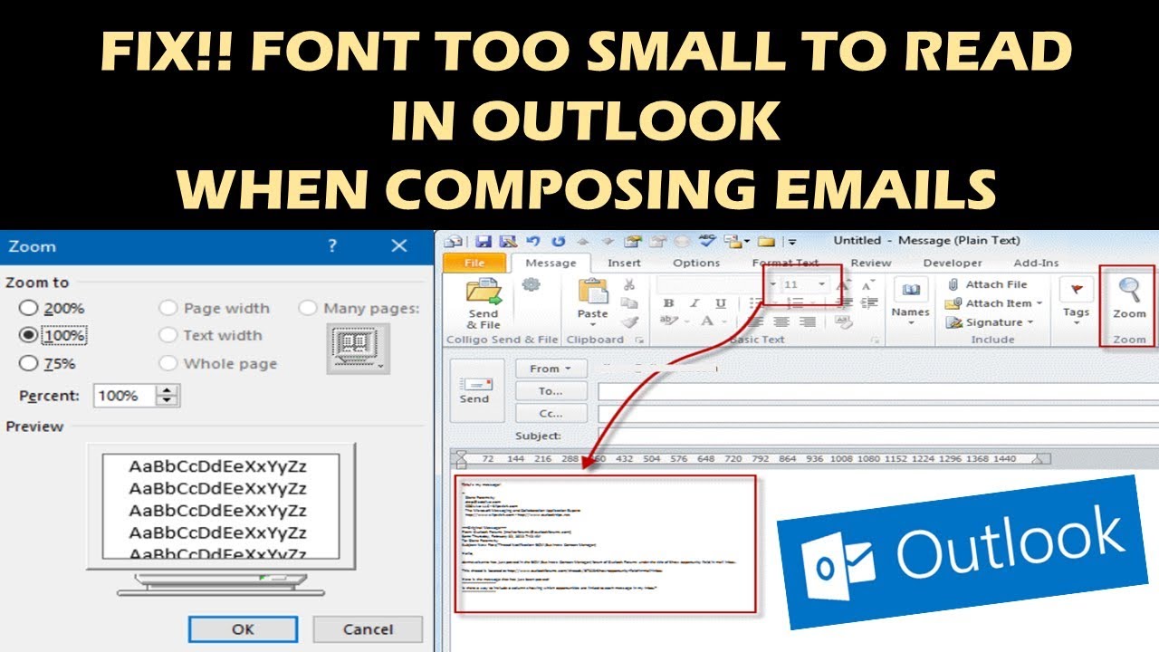 font-dimensies van klein in Outlook drie jaar antwoorden