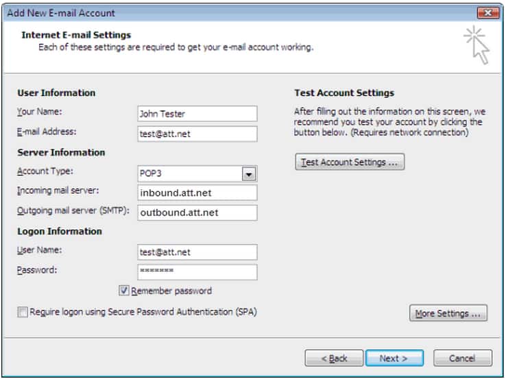come eseguire l'impostazione della posta elettronica att.net in Outlook