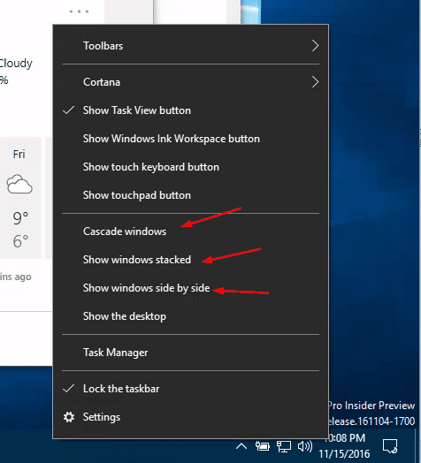 how to arrange open windows in taskbar