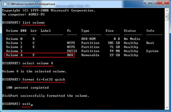 how to change raw file system to fat32 using cmd