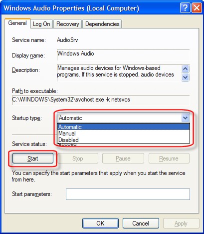 how and enable audio services while in windows xp