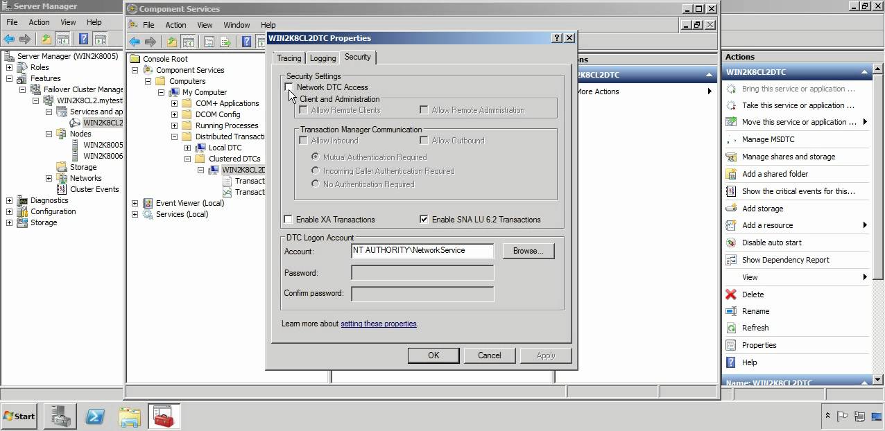 come configurare msdtc in Windows 2008 r2