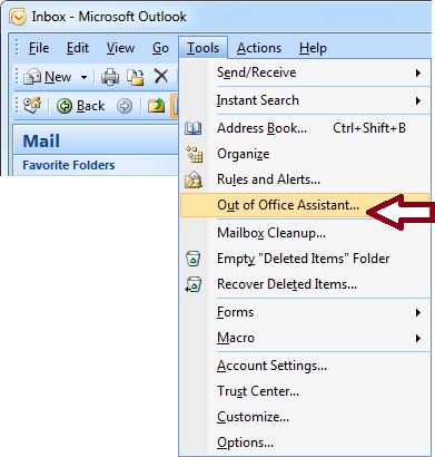 how-to enable out of office assistant auto-reply in take on life 2003
