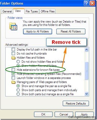 how to remove file extension in windows xp