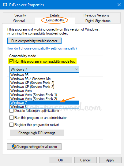 como se você deseja usar o modo de compatibilidade com o Windows Vista