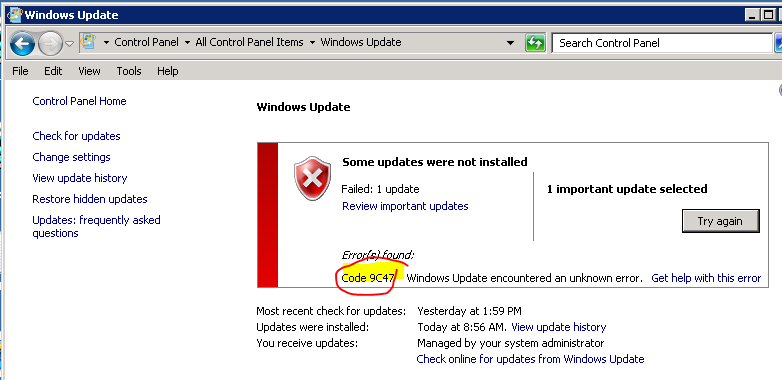 Windows 7 오류 코드 9c47에 관한 Internet Explorer 11