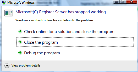 microsoft c register server stopped working and was closed