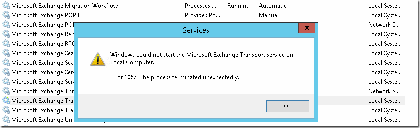 microsoft exchange error 1067