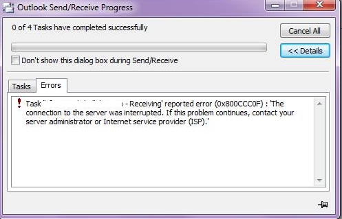 ms Outlook Back error 0x800ccc0f
