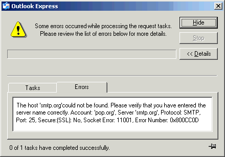 aucune erreur de socket sur le sujet Outlook express