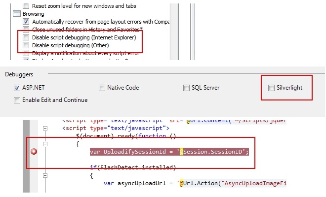 non è in grado di eseguire il debug di javascript in Visual Studio 2010