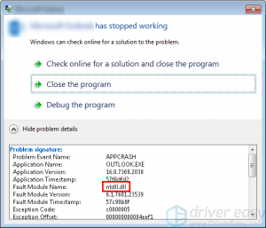 ntdll.dll errore Outlook 2010