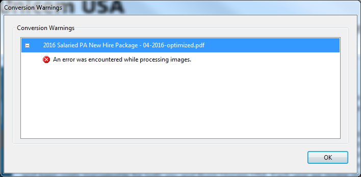 si è verificato un errore nell'ottimizzatore pdf durante il perfezionamento delle immagini
