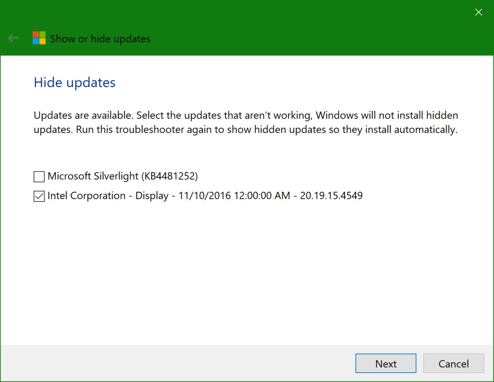 nascondi permanentemente l'aggiornamento di Windows Silverlight