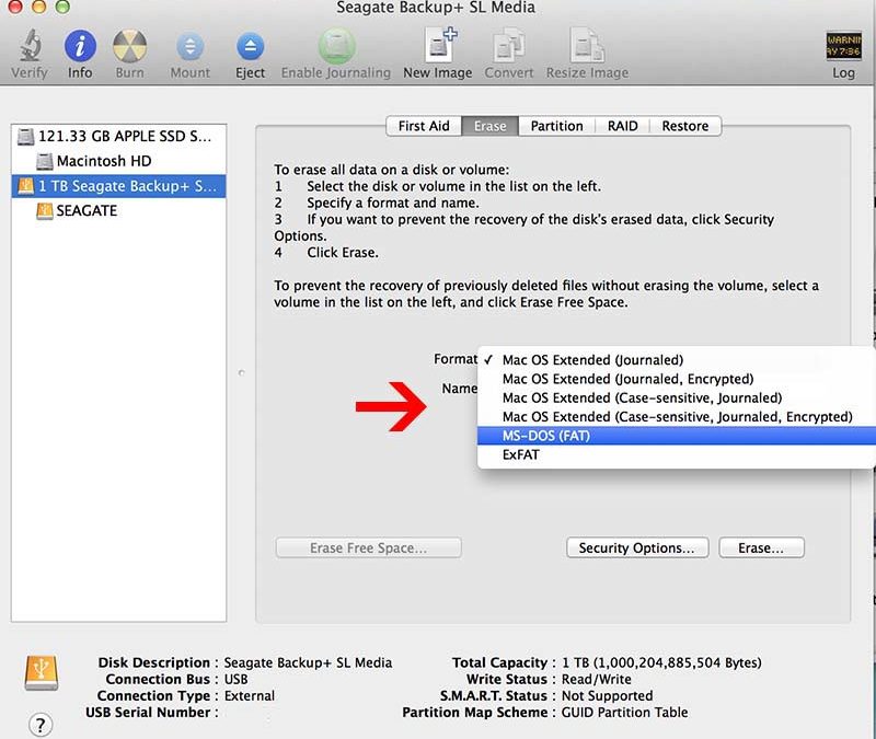 переформатировать жесткий диск usb из ntfs, вернув его в fat32 mac