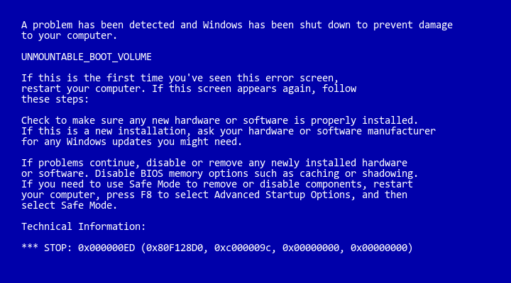 errore di registro schermata colorata blu xp