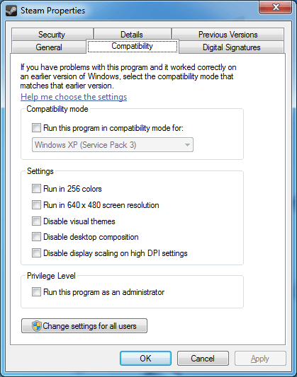 running steam windows compatibility mode