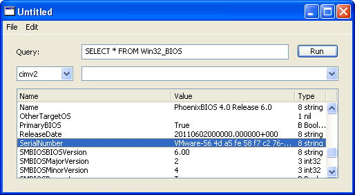 select from win32 bios serialnumber