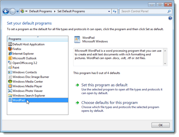 configuration des programmes sur le chemin pour ouvrir des fichiers dans Windows 7