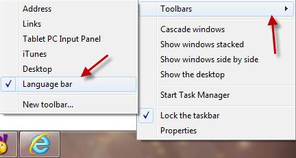 show keyboard language taskbar windows 7