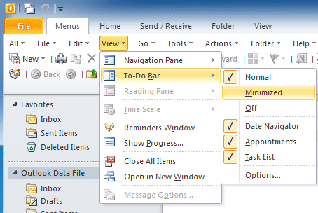 mostrar la barra de herramientas en Outlook