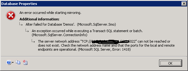sql server r2 database mirroring error 1418