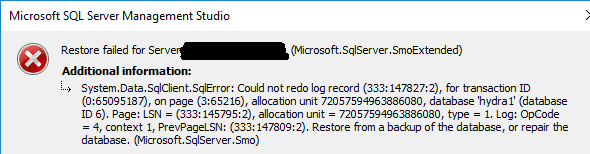 sql server error could not redo log record