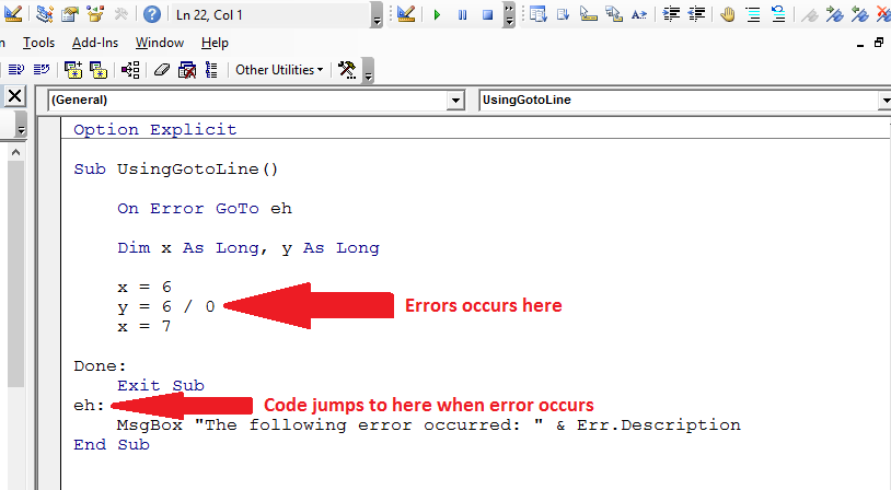 stop vba code on error
