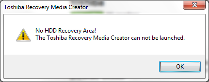 error del creador del cd de recuperación de toshiba no hay área de curado del disco duro