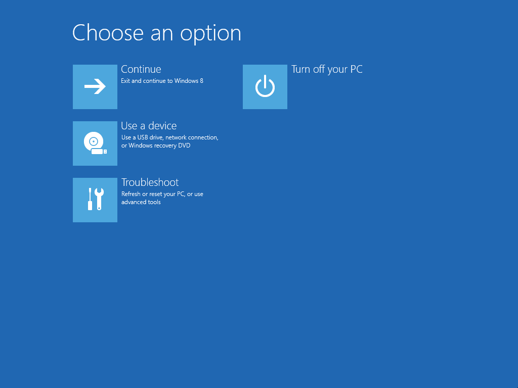 Windows 8 고급 제조 옵션에서 필요한 문제 해결 옵션