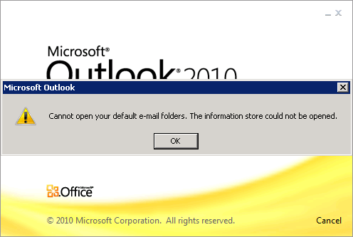 impossibile aprire le cartelle di posta elettronica predefinite quando si tratta di Outlook 2010