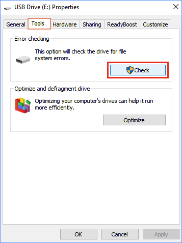 verificação de erros do flash USB