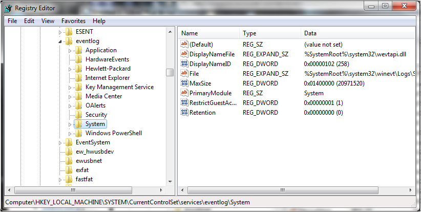 donde incluir los registros de eventos almacenados en Windows XP 7